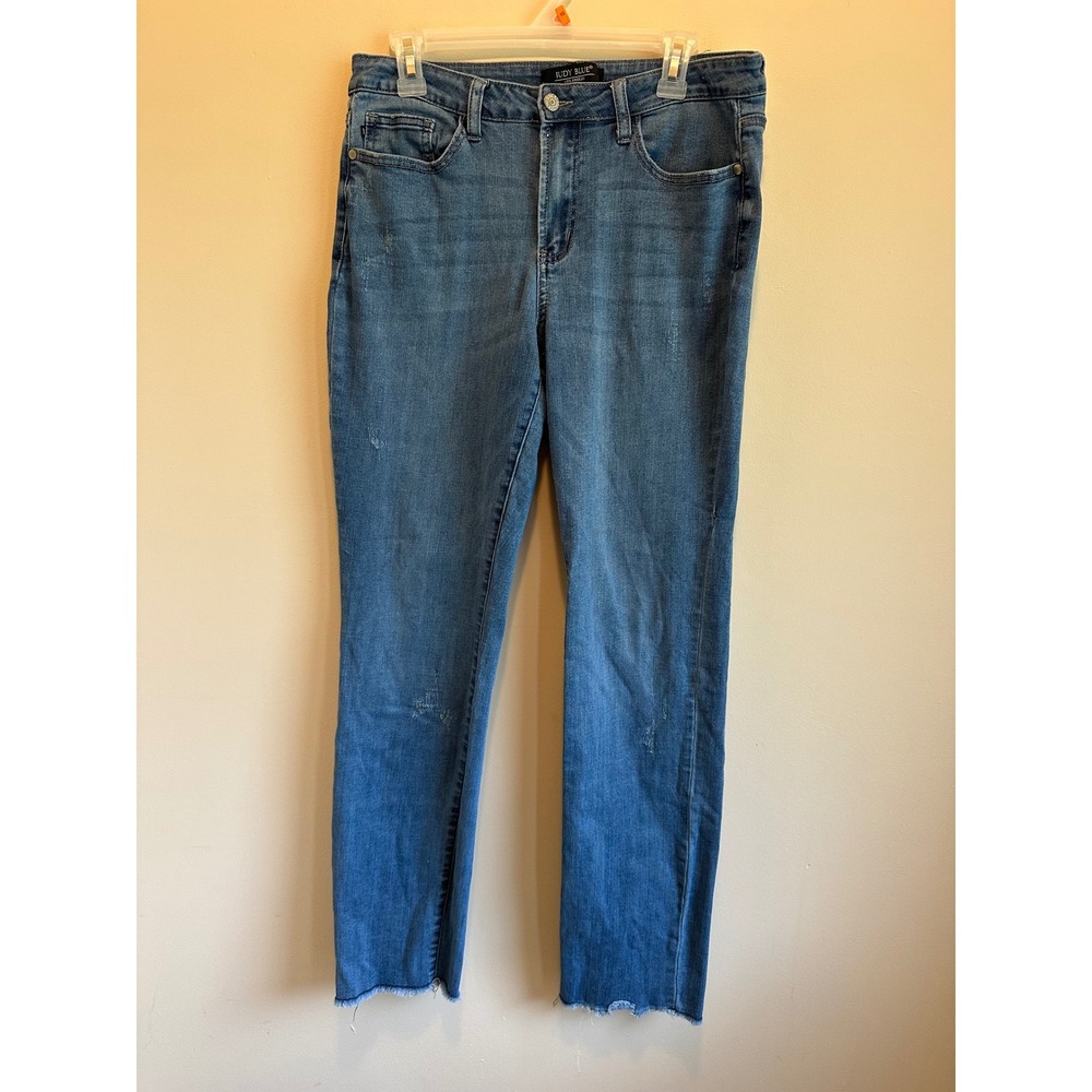 Judy Blue Boyfriend Fit Straight Leg Distressed Raw Hem Jeans Blue 11/30